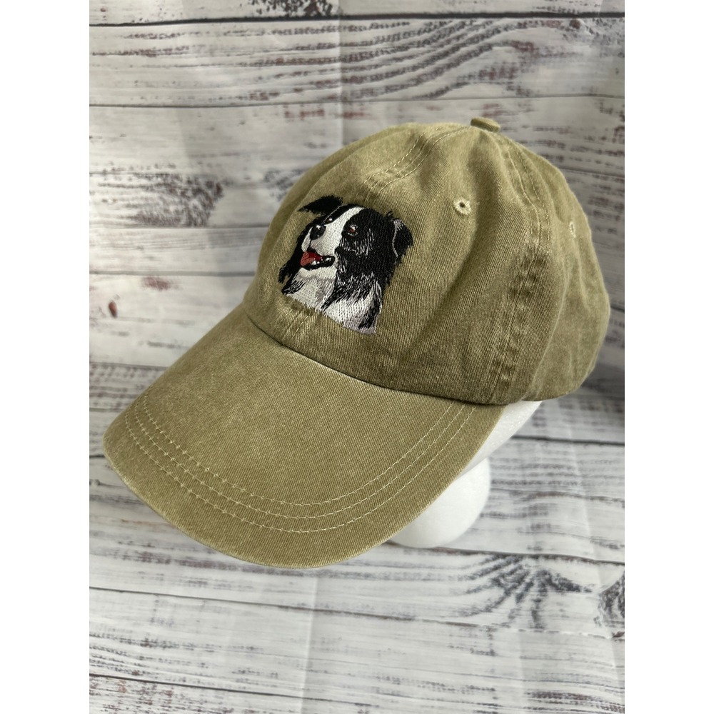 Falcon Headwear Border Collie Embroidered Khaki Tan Baseball Cap Leather Strap